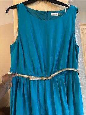 Calvin Klein Teal Sleeveless Pleated Maxi Dress with Metallic Belt